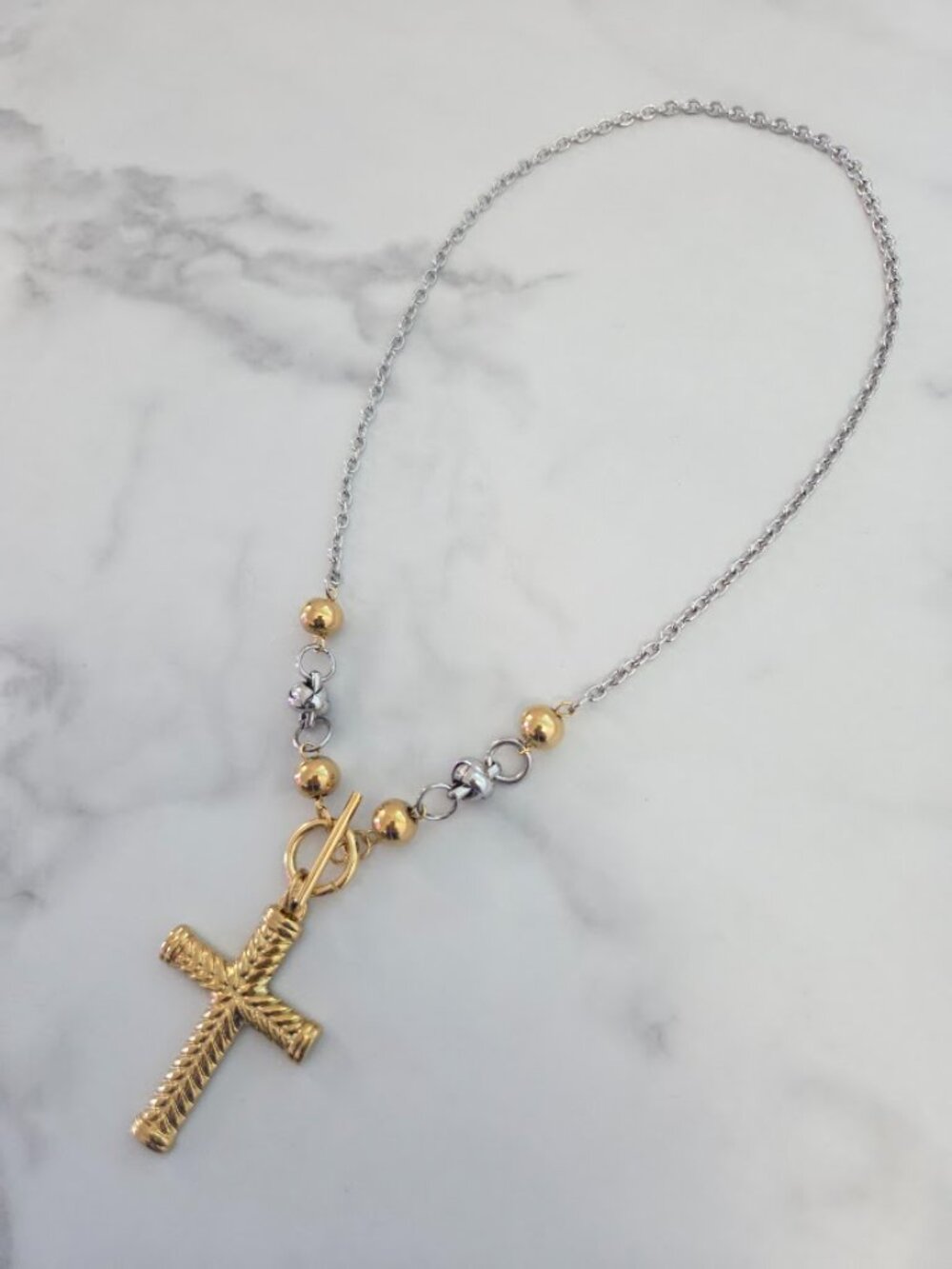 Two Tone Gold Silver Chevron Cross Toggle Chain Necklace - Picture 4 of 15